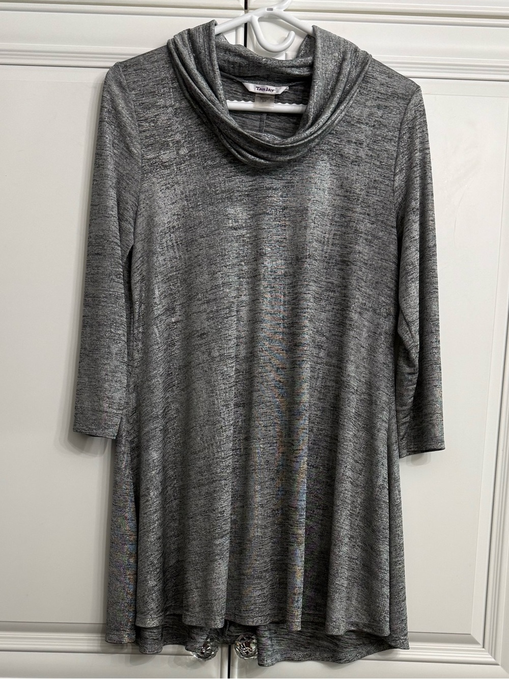 TanJay Sz Small Gray Metallic Sheen Cowl Neck Long Sleeve Tunic Top/Dress Mini